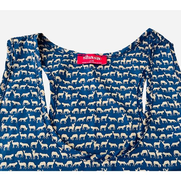 SHASA SLEEVELESS, A-LINE, RACERBACK TANK TOP/BLOUSE, WOMENS, L, BLUE/DEER PRINT - Picture 3 of 10